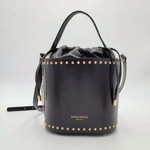 Anna Paola Black Leather Studded Crossbody Shoulder Bucket Bag Made in Italy